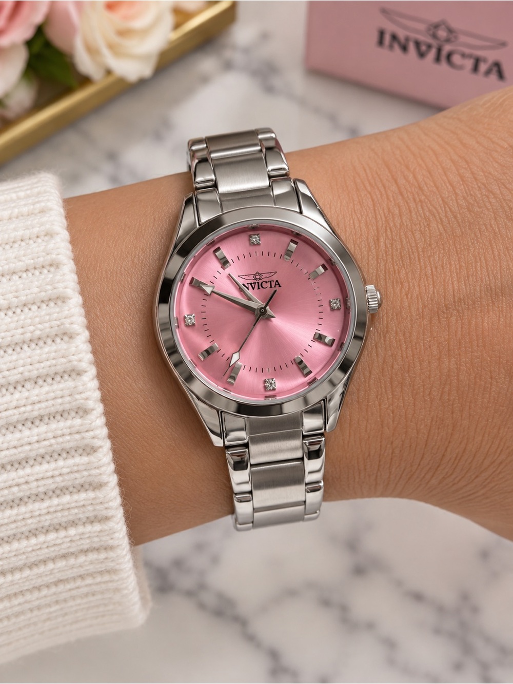 Invicta Celestial Women’s 21mm Silver-Tone Pink Dial Watch